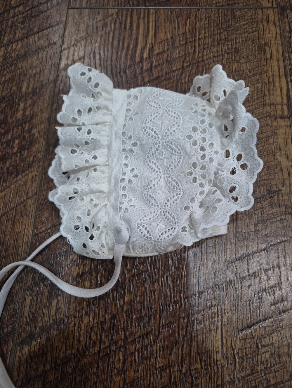 Vintage Handmade Lace And Eyelet Trim Off White Baby Bonnet